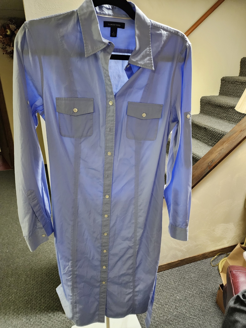 Lands' End Women's Cotton Light Blue Long-Sleeve Button-Down Dress Sz 10